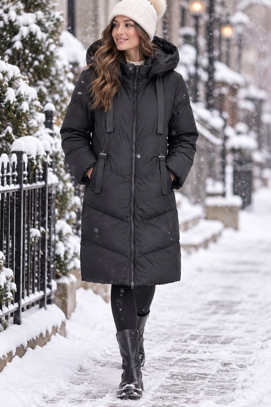 SAINT & SINNER Black Chevron Penguin Puffer Longline Hooded Coat In Size M US